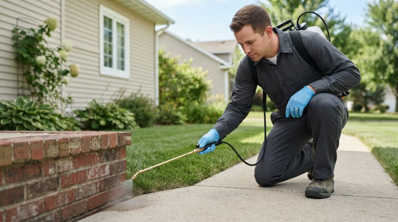 Pest control technician treating a home near Acton, MT